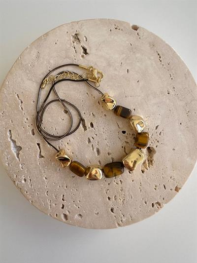 Doğal Taş Kaplan Gözü Kolye (gold taş detaylı)