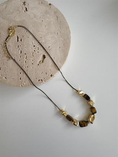 Doğal Taş Kaplan Gözü Kolye (gold taş detaylı)