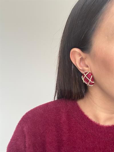 Gold Detaylı Bordo Dikdörtgen Küpe 