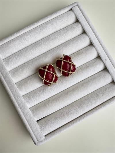 Gold Detaylı Bordo Dikdörtgen Küpe 