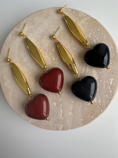 Gold Detaylı Bordo Sallantılı Kalp Küpe