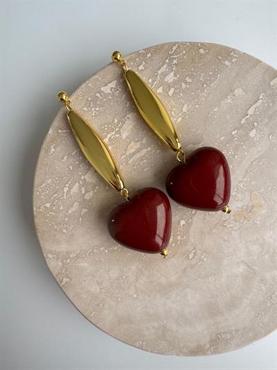 Gold Detaylı Bordo Sallantılı Kalp Küpe