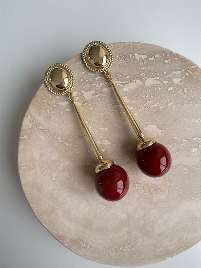 Gold Detaylı Bordo Sallantılı Tasarım Küpe