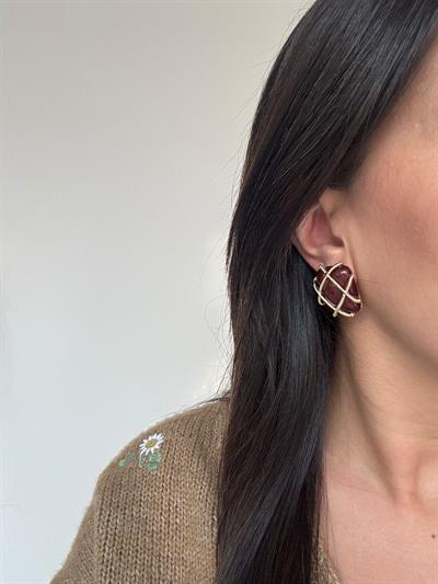 Gold Detaylı Kahverengi Dikdörtgen Küpe 