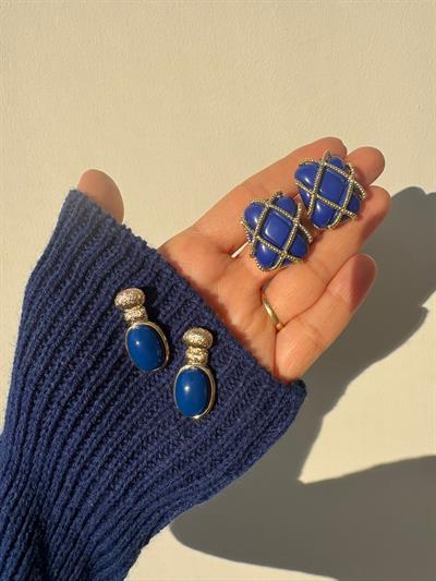 Gold Detaylı Mavi Dikdörtgen Küpe 