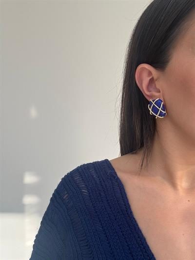 Gold Detaylı Mavi Dikdörtgen Küpe 