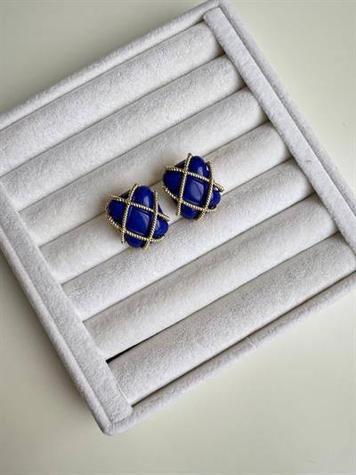 Gold Detaylı Mavi Dikdörtgen Küpe 