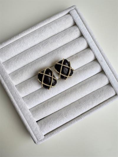 Gold Detaylı Siyah Dikdörtgen Küpe 