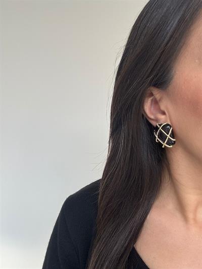 Gold Detaylı Siyah Dikdörtgen Küpe 