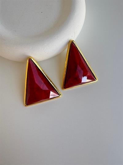 Gold Detaylı Üçgen Bordo Tasarım  Küpe