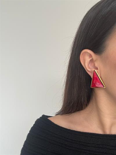 Gold Detaylı Üçgen Bordo Tasarım  Küpe