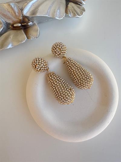 Gold Taşlı Topçuklu Damla Küpe