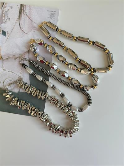 Gri-Gold Boru Boncuk Kolye