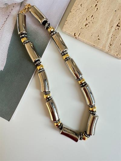 Gri-Gold Boru Boncuk Kolye