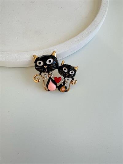 İkili Siyah Kedi Broş