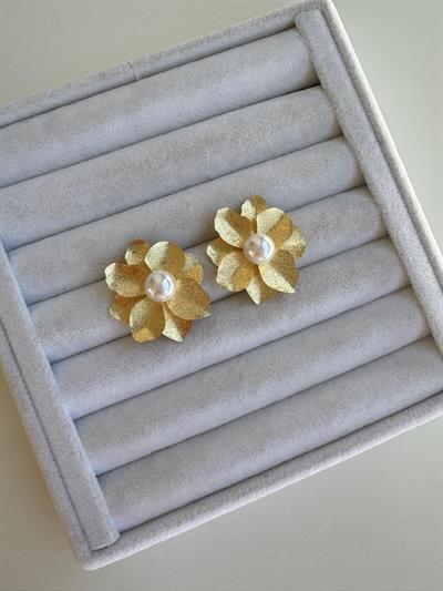 İncili Gold Çiçek Küpe