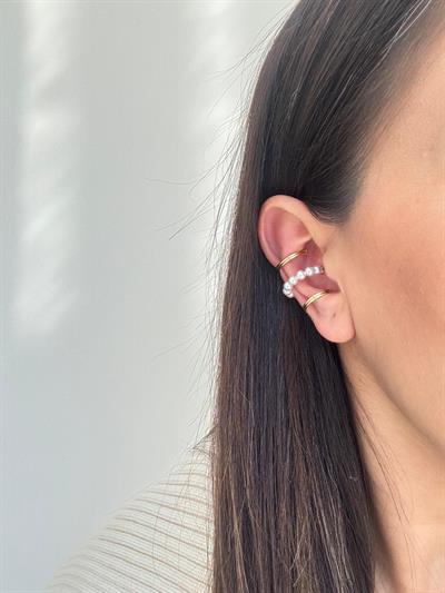 İncili-Gold Detaylı Üçlü Görünümlü Kıkırdak Küpe