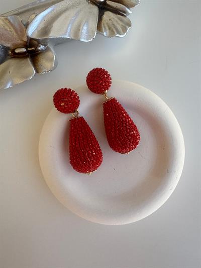 Kırmızı Taşlı Topçuklu Damla Küpe