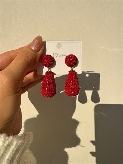 Kırmızı Taşlı Topçuklu Damla Küpe