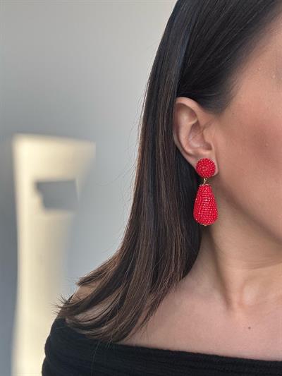 Kırmızı Taşlı Topçuklu Damla Küpe