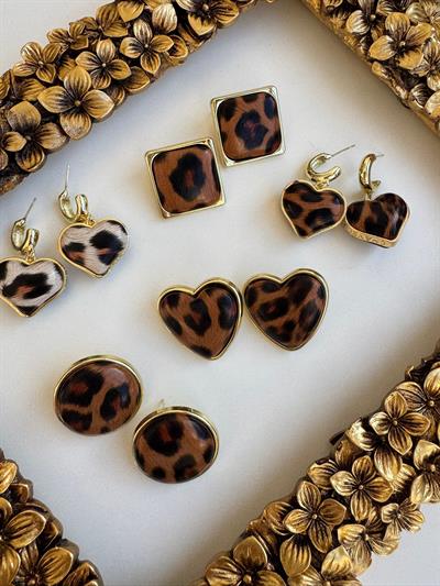 Leopar Desenli Deri Yuvarlak Küpe