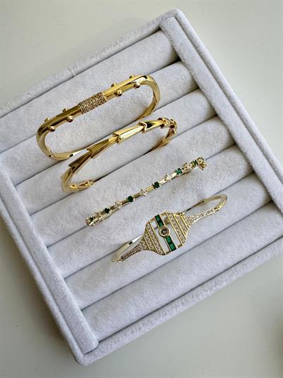 Altın Kaplama Yeşil-Beyaz Zirkon Taşlı Tasarım Bileklik 