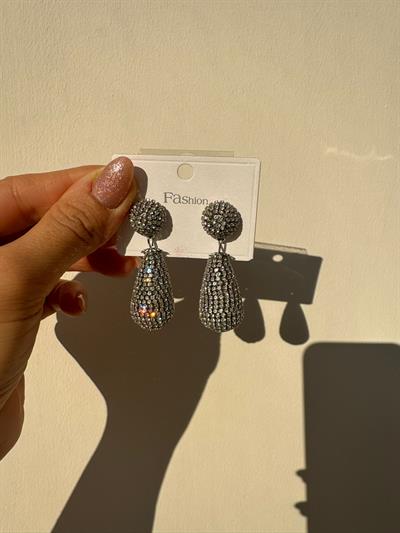 Silver Taşlı Topçuklu Damla Küpe