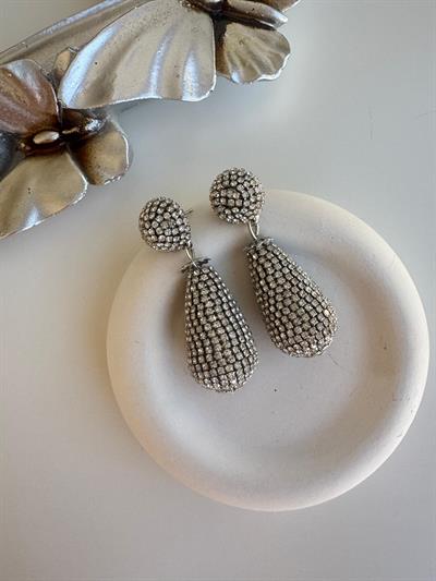 Silver Taşlı Topçuklu Damla Küpe