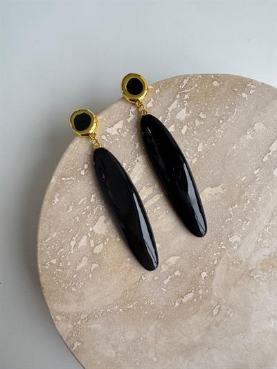 Siyah Oval Sallantılı Gold Detaylı Küpe