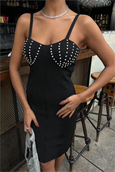 Siyah Taş Detaylı Mini Elbise
