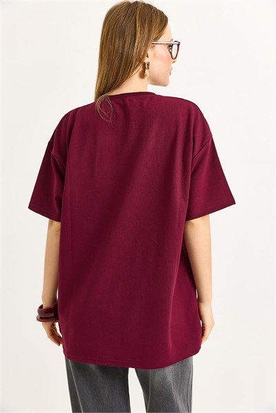Bordo Yazı Baskılı Oversize Tişört