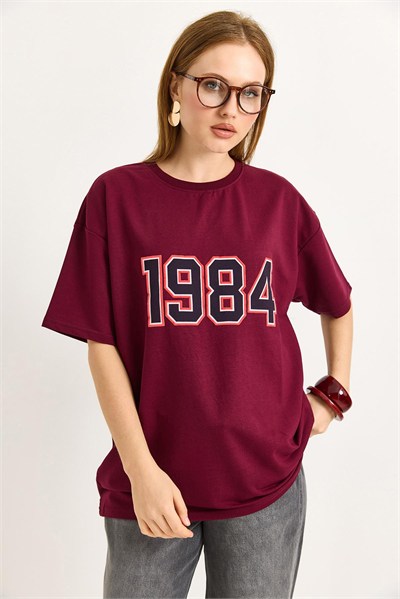 Bordo Yazı Baskılı Oversize Tişört