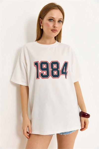 Ekru Baskılı Oversize Tişört