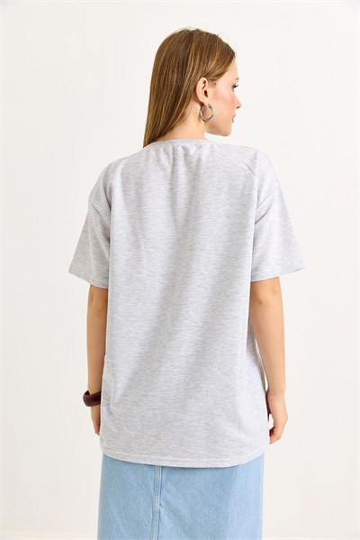 Gri Baskılı Oversize Tişört