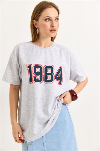 Gri Baskılı Oversize Tişört