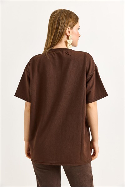 Kahverengi Baskılı Oversize Tişört