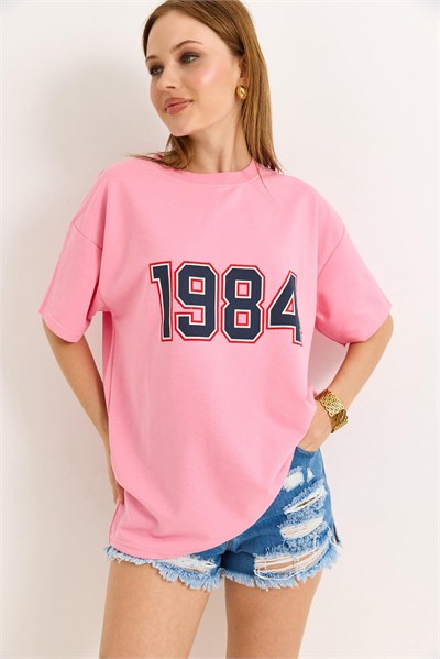 Pembe Baskılı Oversize Tişört