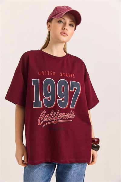 Bordo Baskılı Oversize Tişört