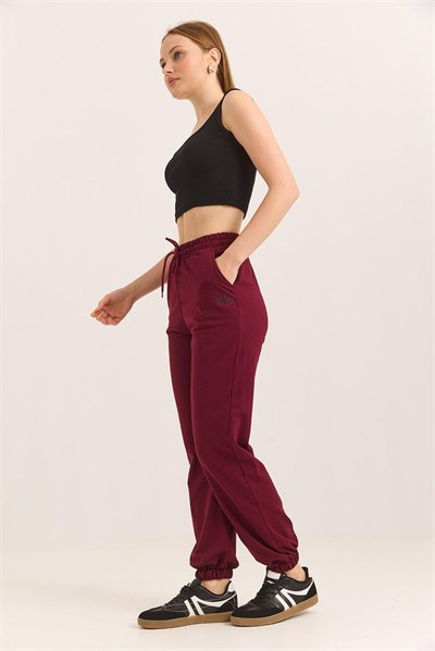 Bordo Baskılı Cepli Eşofman Pantolon