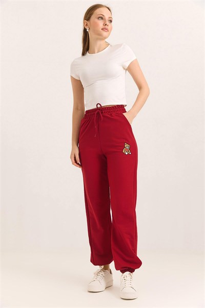 Bordo Ayıcık Baskılı Eşofman Pantolon