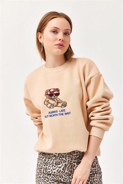 Bej Ayıcık Baskılı Sweatshirt