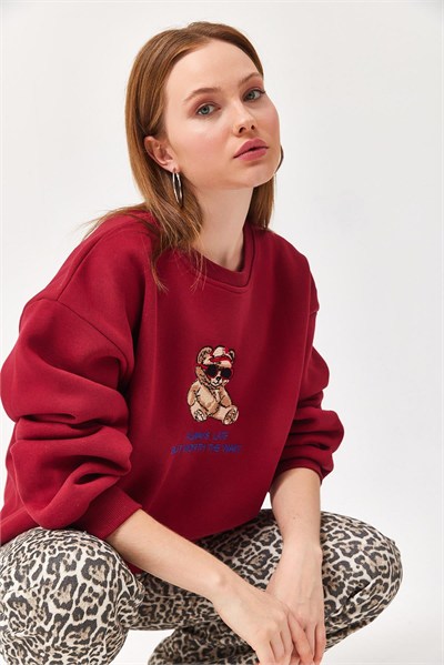 Bordo Ayıcık Baskılı Sweatshirt