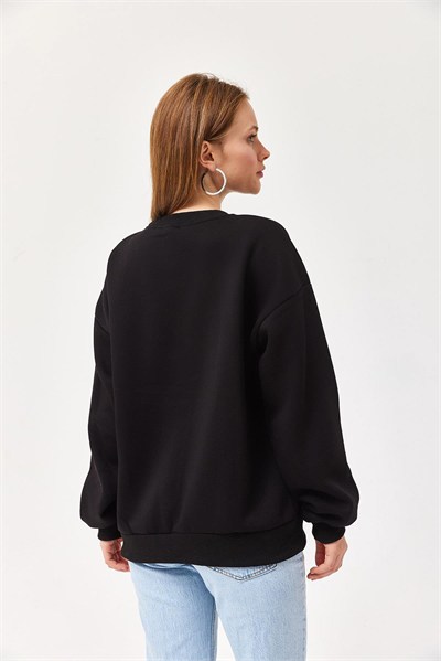 Siyah Ayıcık Baskılı Sweatshirt