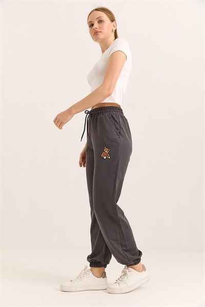 Füme Ayıcık Baskılı Eşofman Pantolon