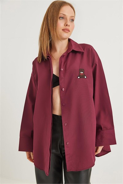 Bordo Ayıcık Nakışlı Oversize Gömlek