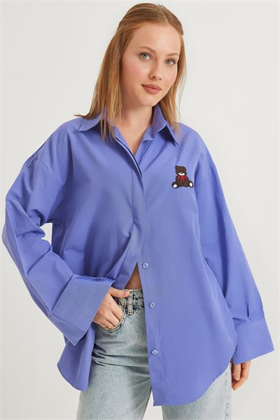 Lila Ayıcık Nakışlı Oversize Gömlek
