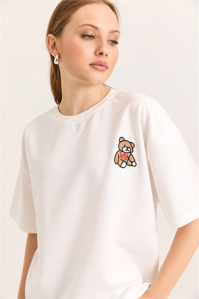 Ekru Ayıcık Nakışlı Oversize Tişört