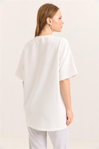 Ekru Ayıcık Nakışlı Oversize Tişört
