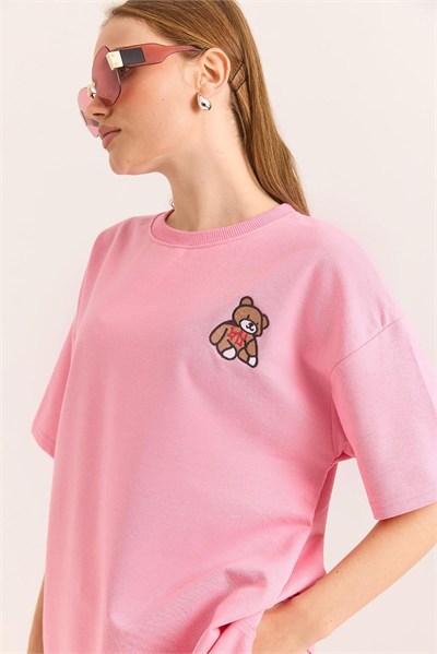 Pembe Ayıcık Nakışlı Oversize Tişört