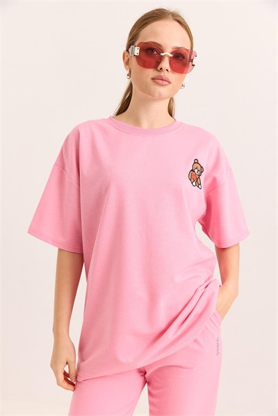 Pembe Ayıcık Nakışlı Oversize Tişört